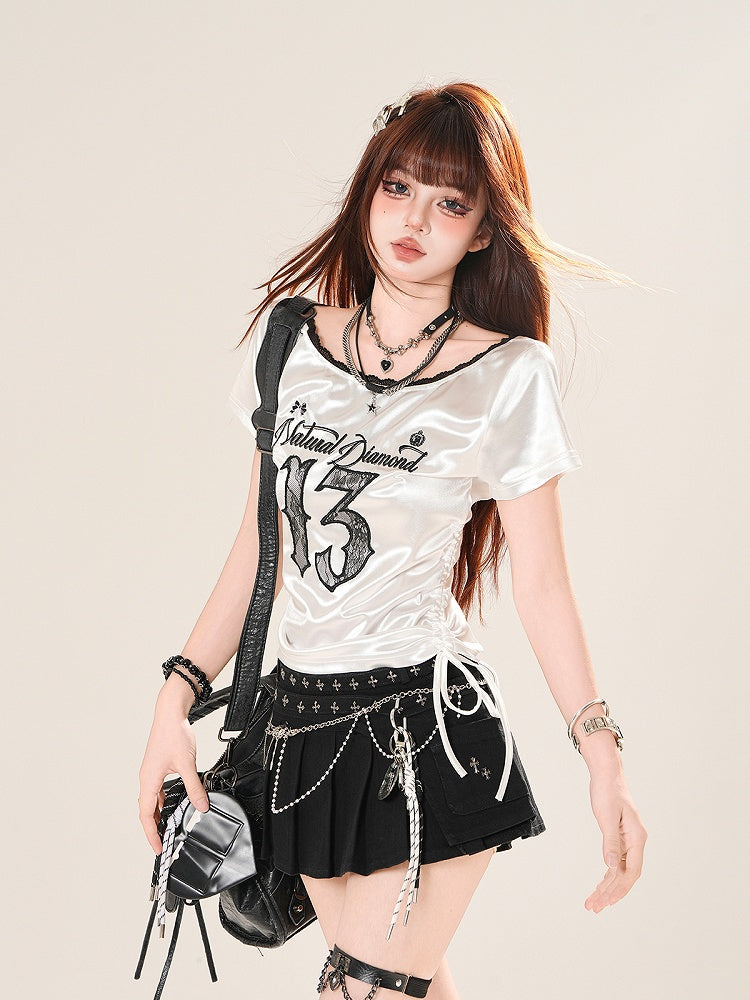 アップリケコアTシャツ 文字刺繍 レース ブロケート サイドドローストリング ナンバー ピンク/ホワイト