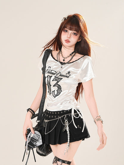 アップリケコアTシャツ 文字刺繍 レース ブロケート サイドドローストリング ナンバー ピンク/ホワイト