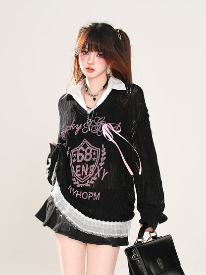 Aprikose/Schwarz Halbtransparent Polo Kragen Sonnenschutz Hohl-out Top Faux