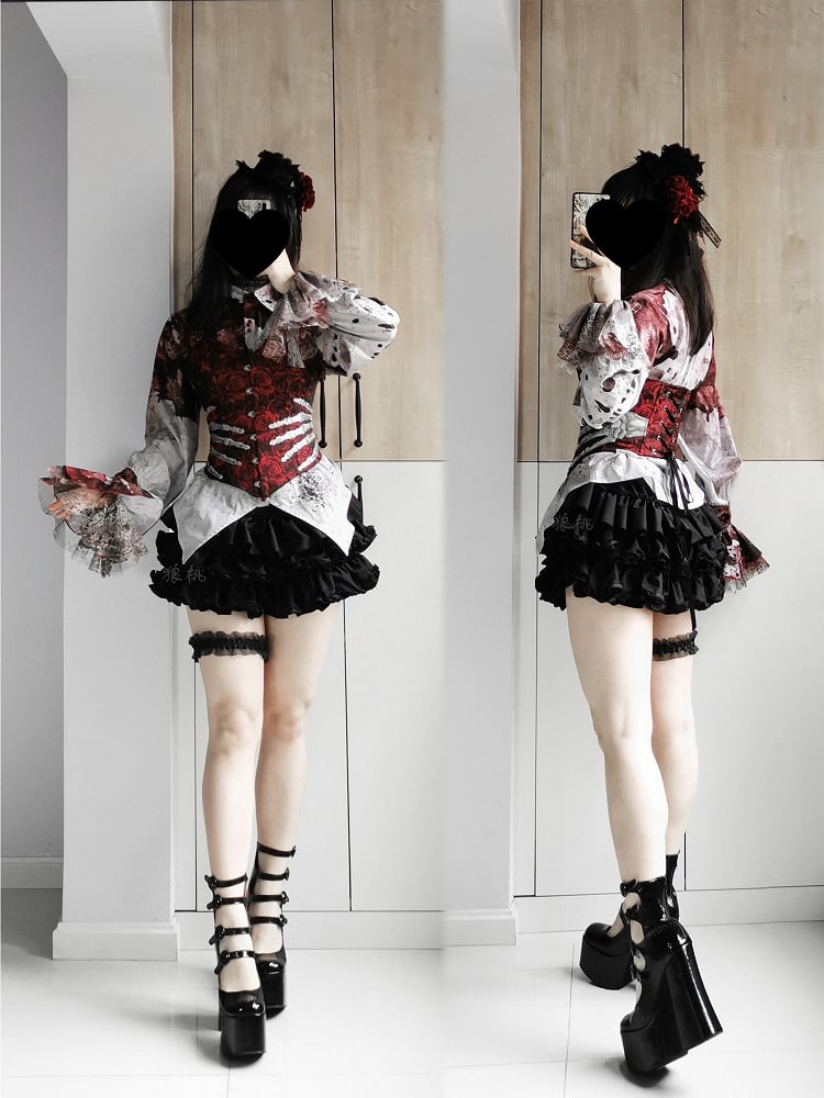 Red Rose Jacquard Gothic Corset with Skeleton Embroidery - The Morbid Observatory
