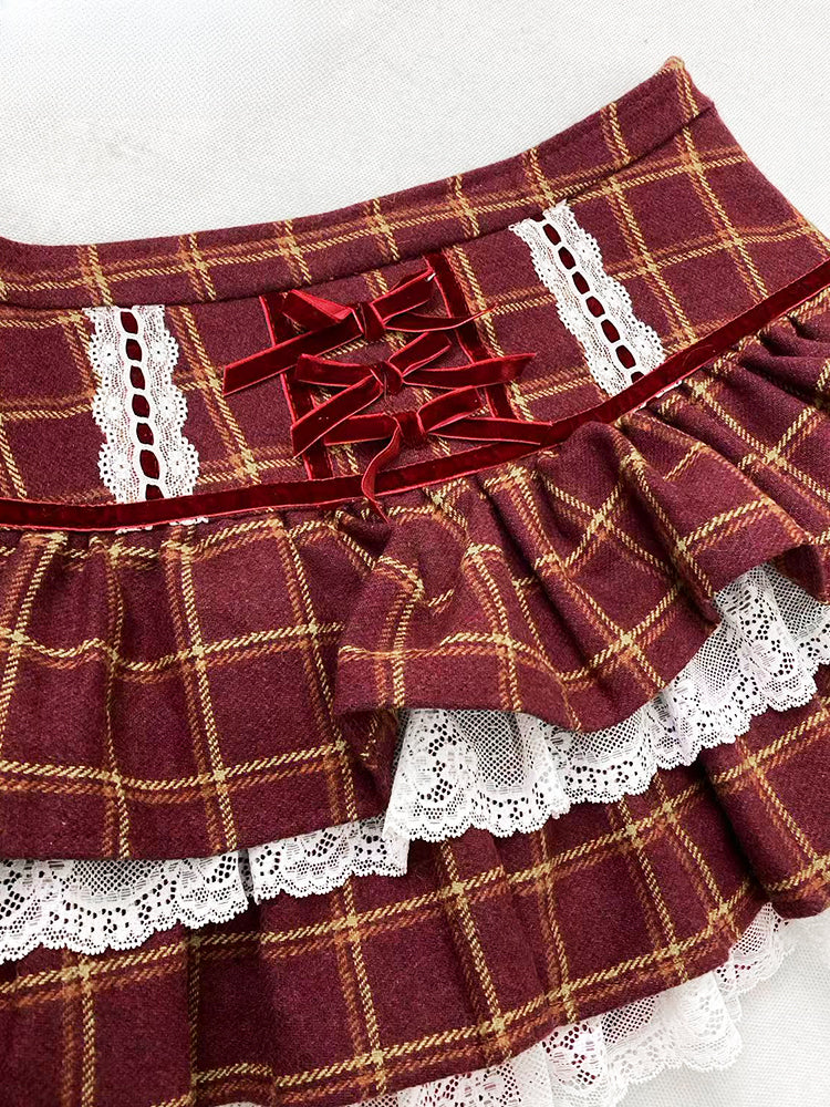 Tiered Plaid Skirt with Lace Trim and Patchwork - ReddaChic