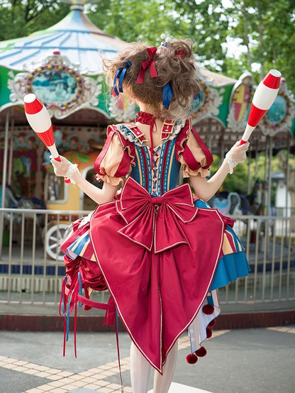 with Skirt Blue Jumper Sweet Dress Bunny Circus Embroidery and Sleeves Detachable Lolita Puff Red