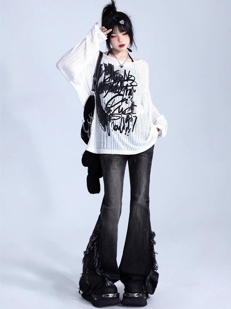 Seams Side with Wash Raw Hem Low-Waisted Black Flare Jeans Vintage