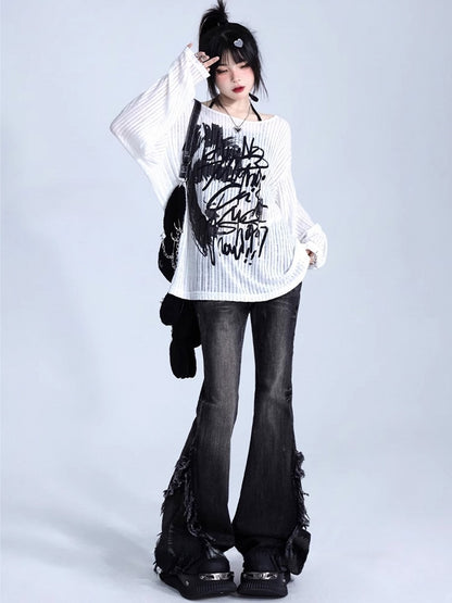 Seams Side with Wash Raw Hem Low-Waisted Black Flare Jeans Vintage