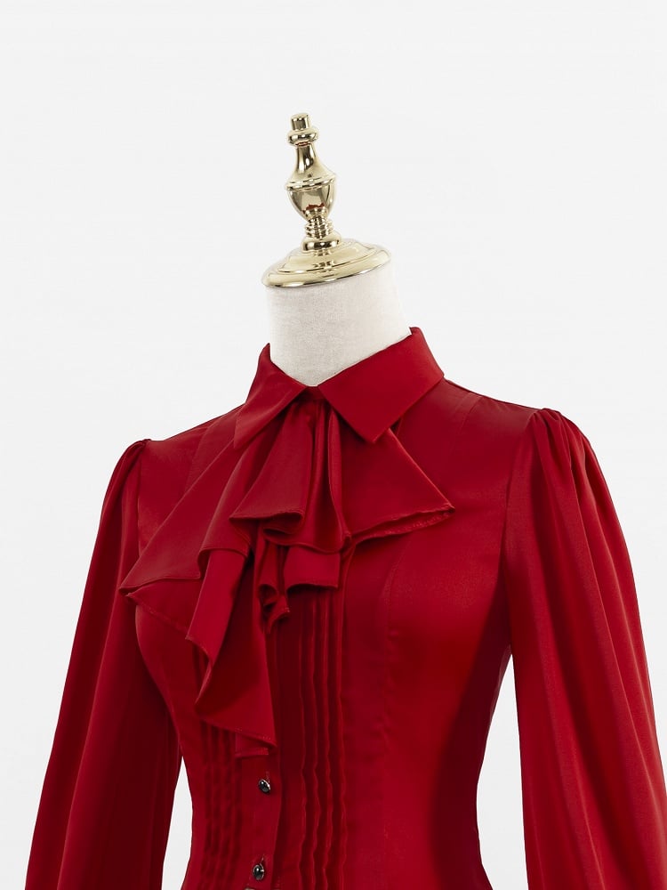 Red Pleated Shirt with Foldover Collar, Ruffle Cuffs, and Jabot Tie - DevilInspired Exclusive Collection