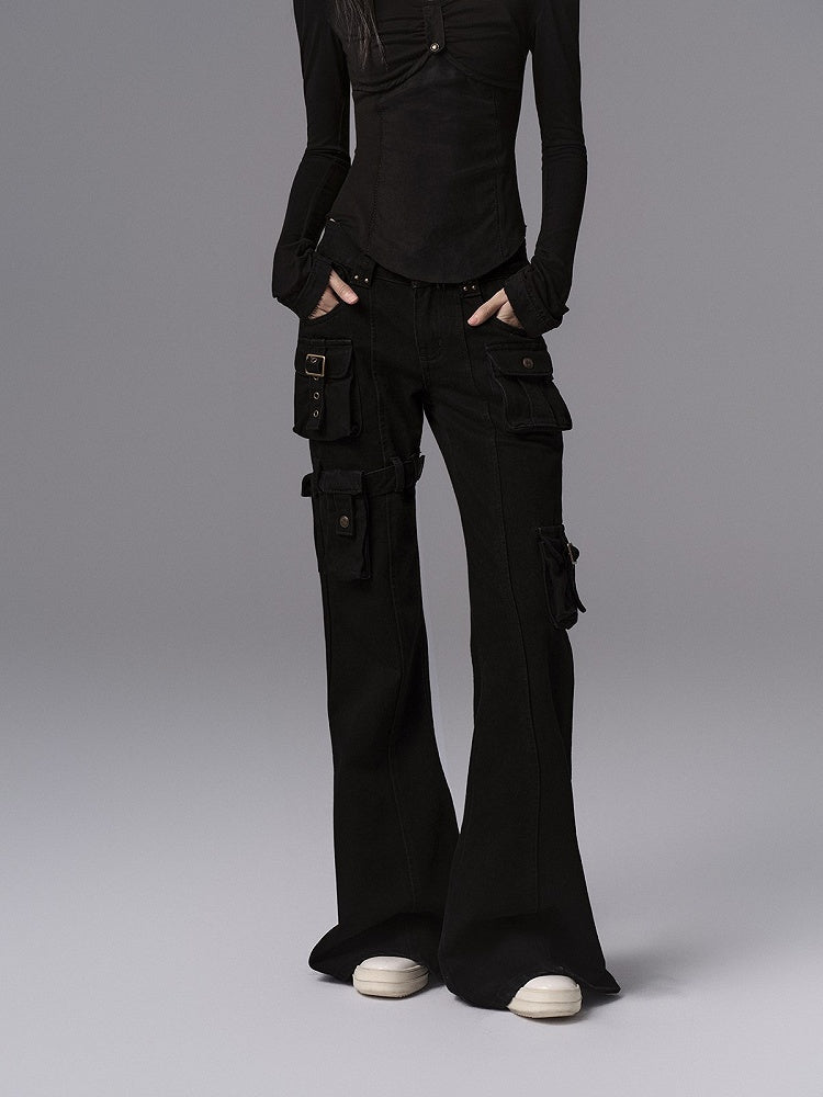 Pants - Vintage Silhouette Cargo Flare Pocket Detachable Black