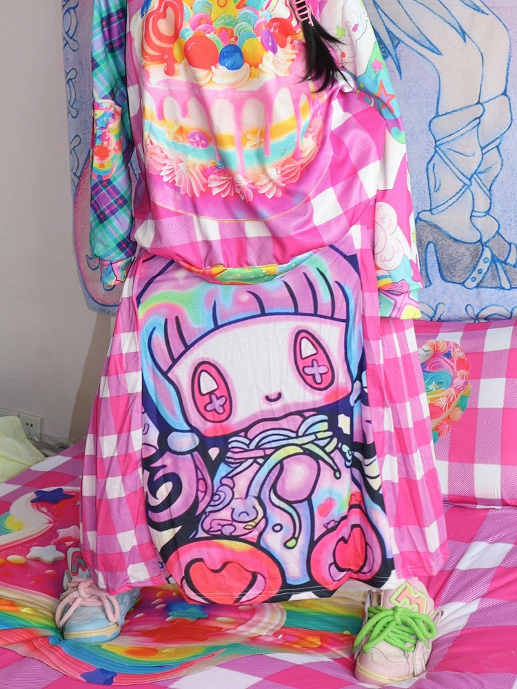 Kariertes Cartoon-Rock-Druckmuster Y2K Rote Rose