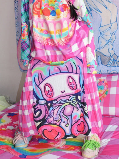 Kariertes Cartoon-Rock-Druckmuster Y2K Rote Rose