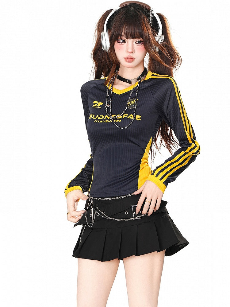 Pink/Black/Navy Blue Letters Print V-neck Striped Sports Top