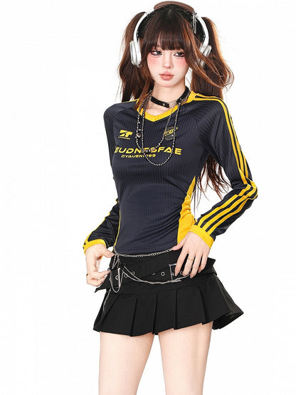 Pink/Black/Navy Blue Letters Print V-neck Striped Sports Top