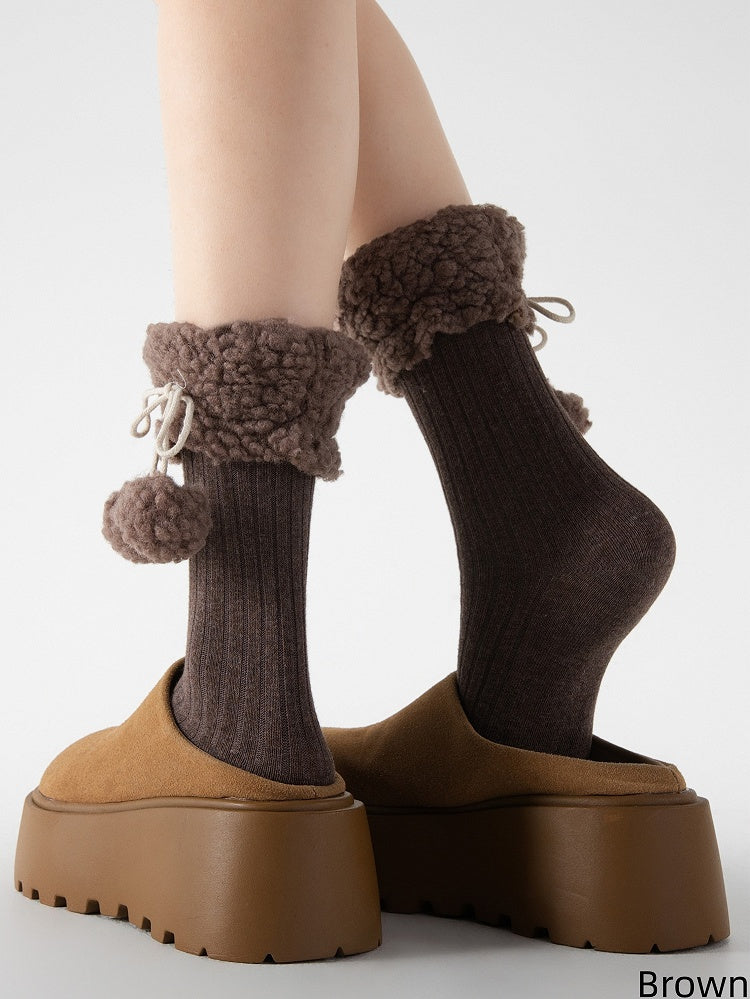 Colors Pom-Pom Decoration Fleece Socks Cotton 7 Trim with