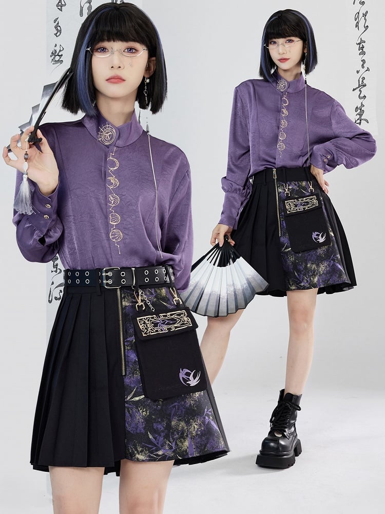 Cheongsam Pleated Patchwork Print Skirt Design - Style Golden Black Detachable Pocket
