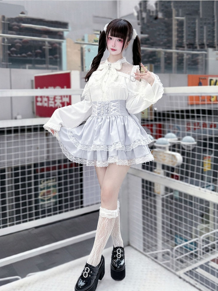 Bell Sleeves Open Shoulder with Blouse White Jirai Kei Three-Piece Set: