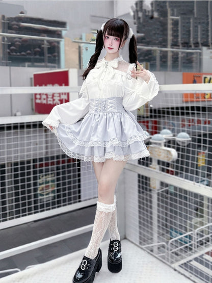 Bell Sleeves Open Shoulder with Blouse White Jirai Kei Three-Piece Set:
