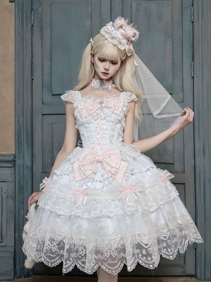 Blue Multi-Layer Lace Trim Lolita JSK with Bow and Bead Chain Decorations - White Sugar Girl