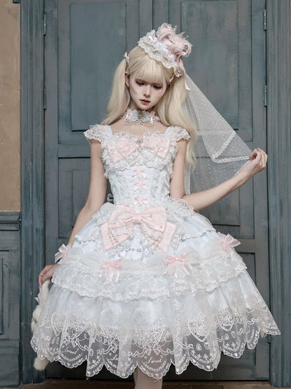 Blue Multi-Layer Lace Trim Lolita JSK with Bow and Bead Chain Decorations and Pink Back Bow Full Set - White Sugar Girl