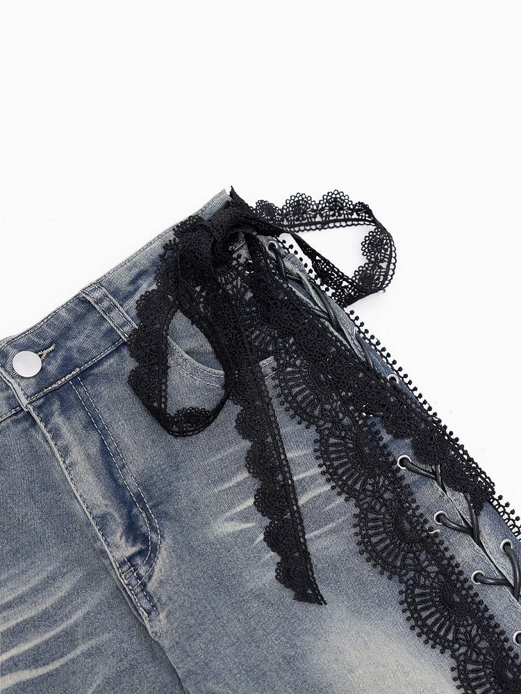 Trim Jeans Lace Blue Bittersweet Detail Flare Glamorous Side Silhouette Lace-up