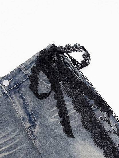Trim Jeans Lace Blue Bittersweet Detail Flare Glamorous Side Silhouette Lace-up