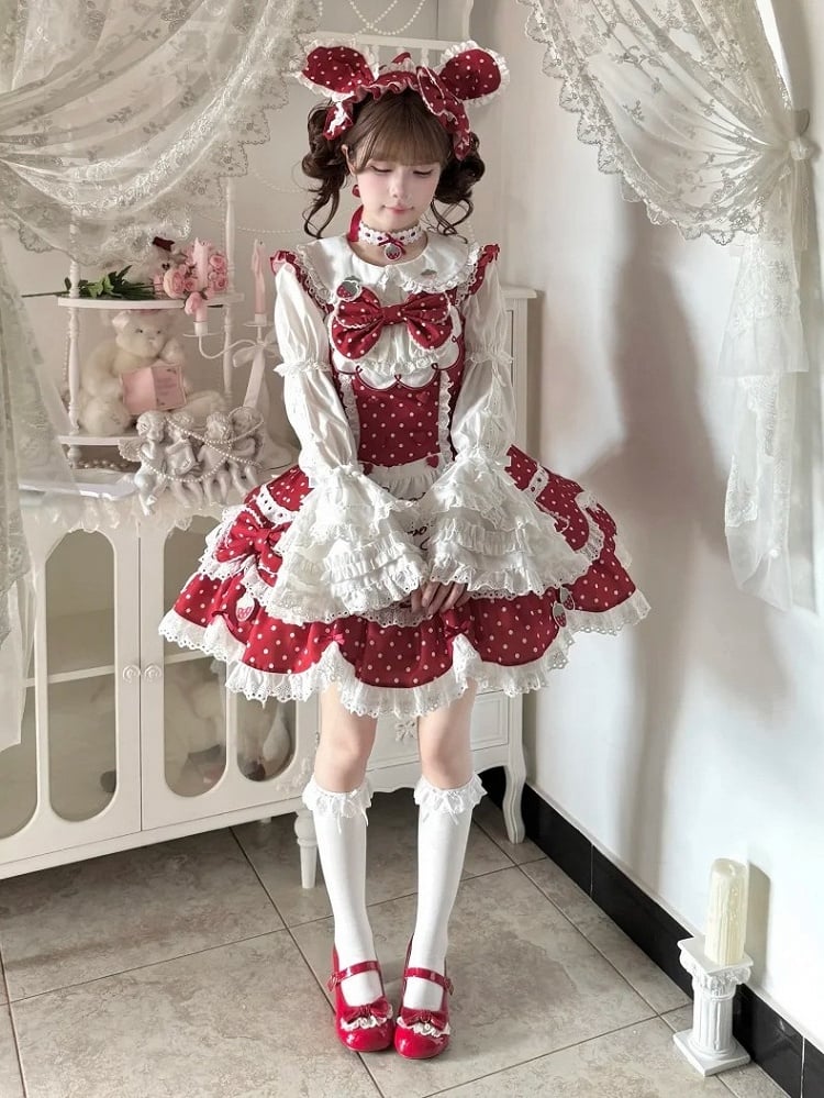 and Details Themed Lace JSK Dot Strawberry Lolita with Vintage Dress Bow Red Polka