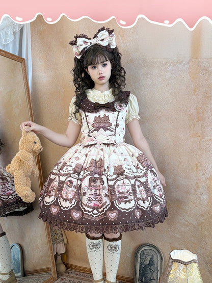 Sleeves Lolita Floral with Puff JSK Theme Cat Dress Sweet Chocolate Print