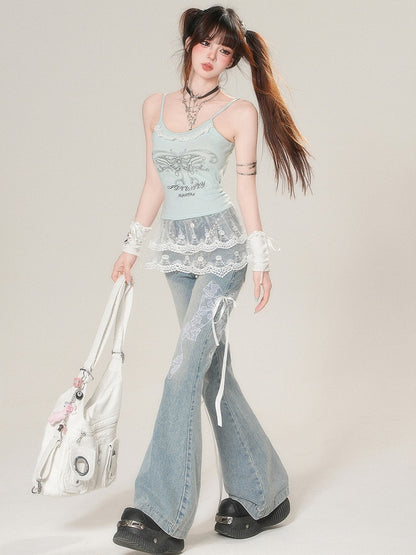 Bowknot Glamouröse Flare Spitze Bestickt Blue Jeans Silhouette