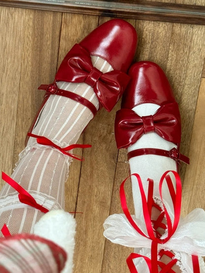 Heel Bow PU Heart Red Lolita Mid with Elegant - Buckle Mary Accents Janes