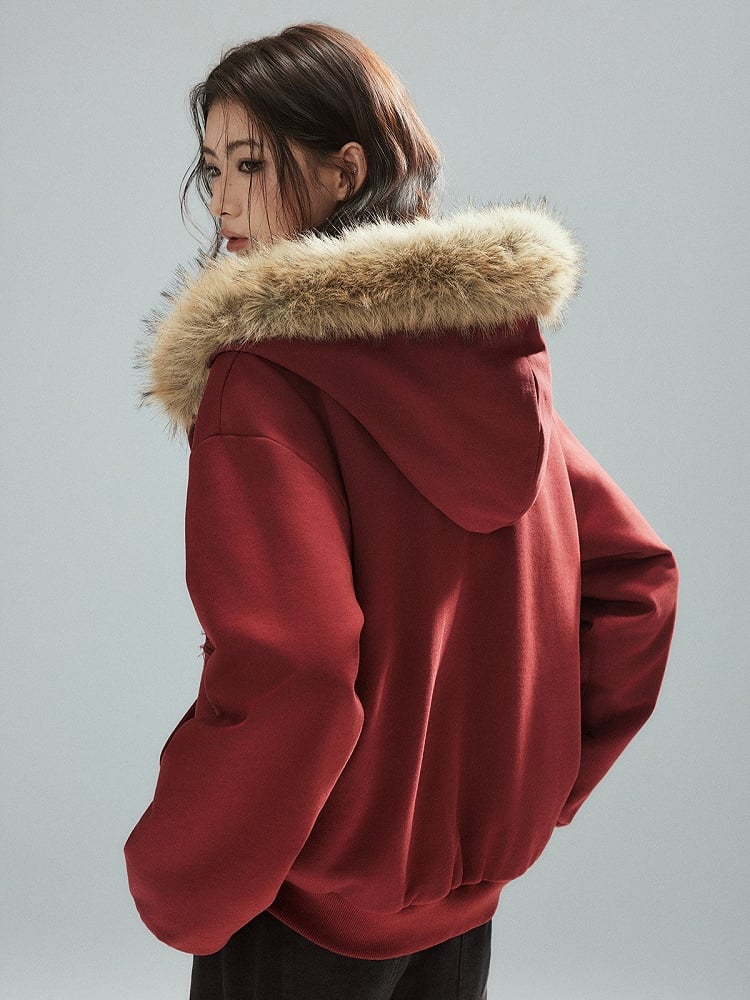 Patch Plush-lined - Red Letter Closure Jacket Zip Hood Vintage Details Wine