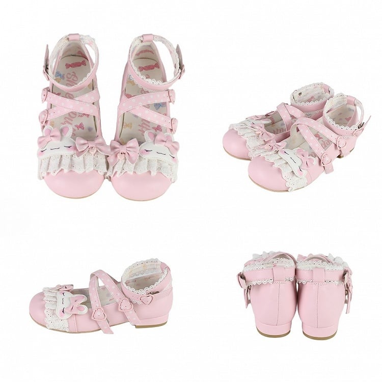 Lolita-Schuhe mit Tupfen-Design, rosa Hasen-Applikation, Schleifenmuster, Spitzenbesatz, süßen, kreuz und quer verlaufenden Details