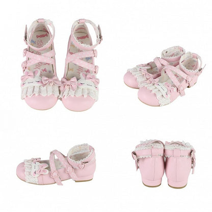 Lolita Polka-dot Design Pink Bunny Applique Bowknot Pattern Lace Trim Sweet Crisscross Details Shoes