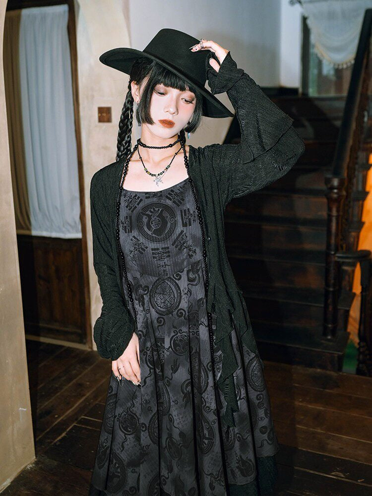 Gothic Black Asymmetric Hem Cami Dress with Dark Chinese Print - Quirky Hut