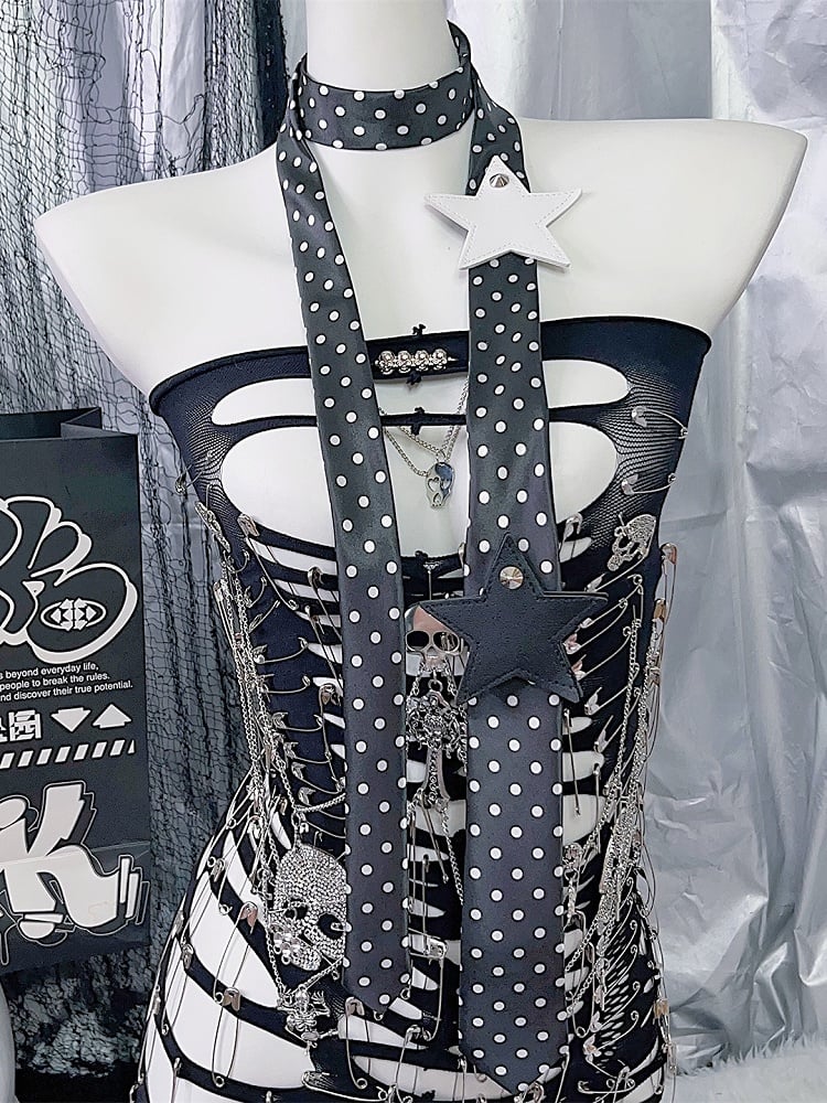 Applikation Stern Krawatte Muster Weiß/Schwarz Polka Dot Y2K Hals
