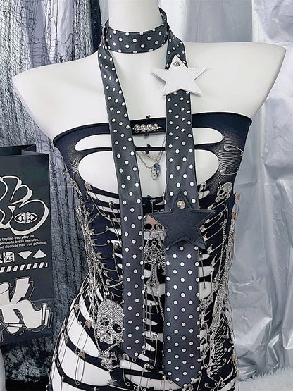 Applikation Stern Krawatte Muster Weiß/Schwarz Polka Dot Y2K Hals