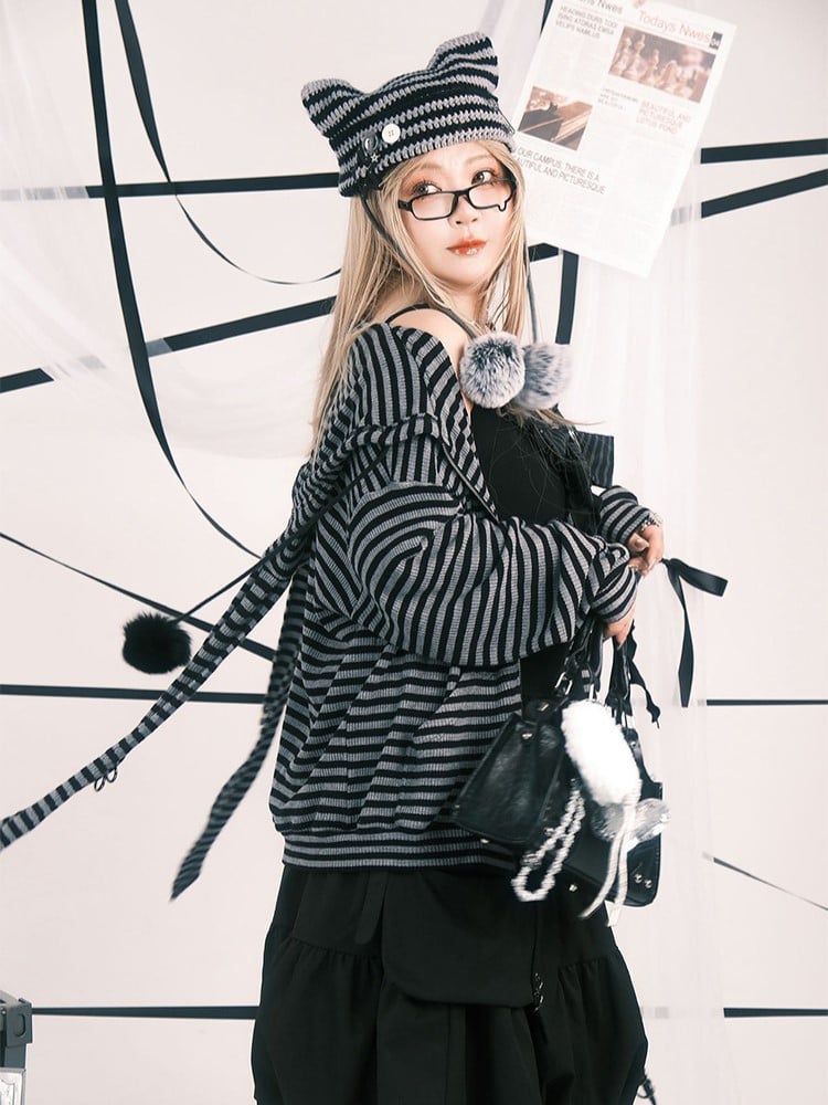 Plus Black Size Drawstrings Pompon Jacket Hoodie Stripes with Bunny Gray
