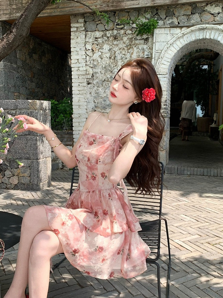Red Floral Asymmetrical Ruffle Hem Summer Dress - Qchiwawameme