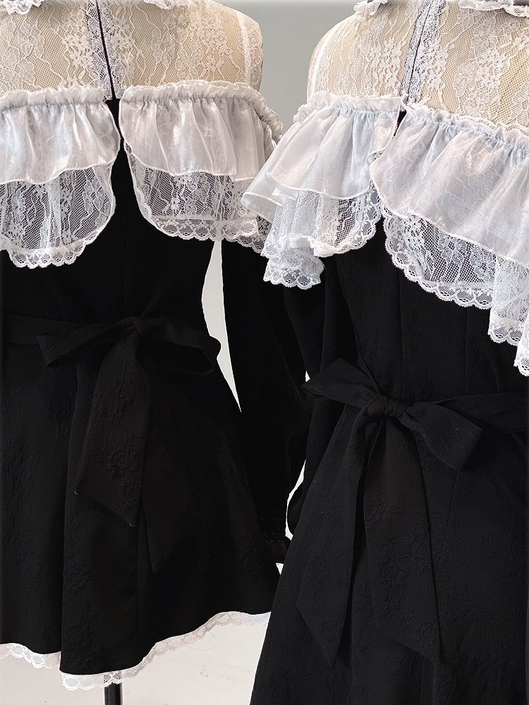 Jirai Dress Version Kei Long-Sleeve Bow Rhinestone Cutout White Shoulder Black Decor Lace Long