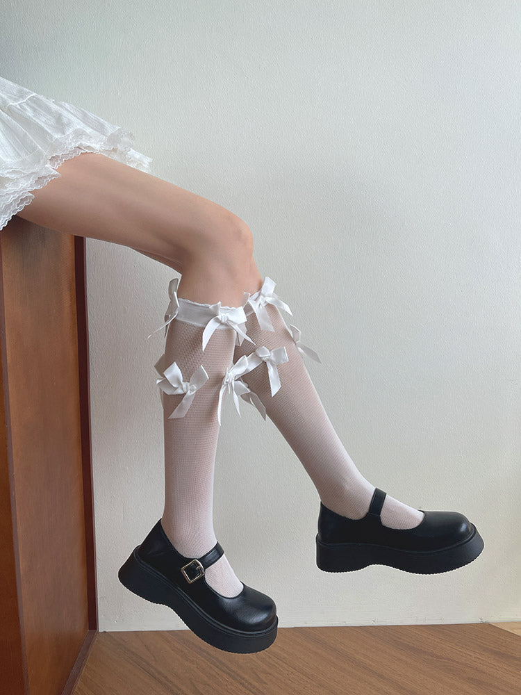 Socks Calf Thin White/Black Lace Decorated Bow