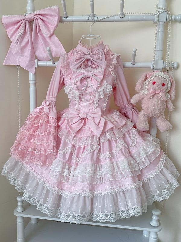 Trims Dress Pink Skirt White Decorated Jumper Lace Lolita Hanayome Bows