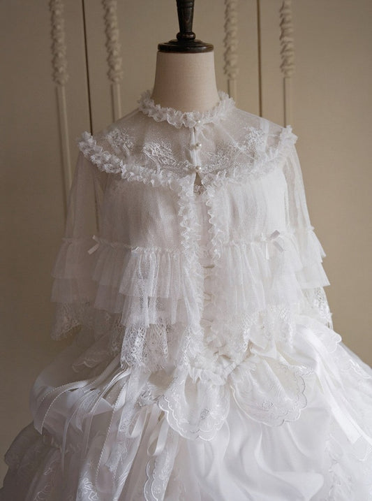 Buttons Tulle Shawl Embroidered White Bead with Lolita