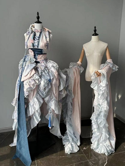 Porcelain Theme Asymmetrical Flounce Hem Lolita Dress Set with Detachable Sleeves - Your Highness