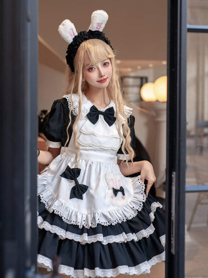 Rüschen Bunny Lolita und Kleid Weiß Schwarz Maid Thema Tiered