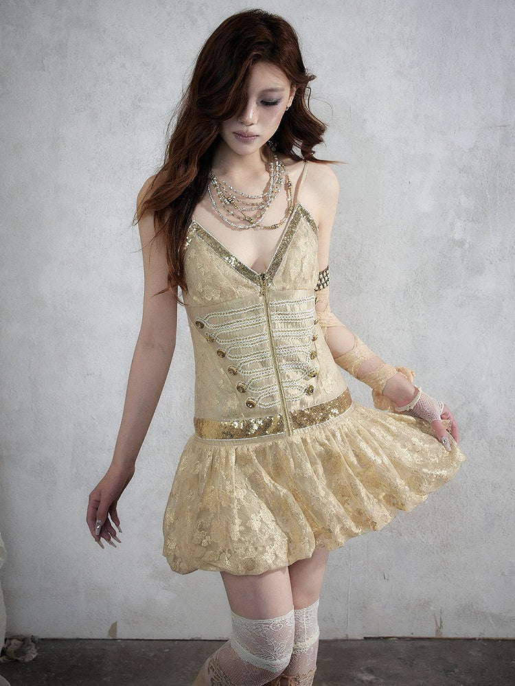 Golden Jacquard Cami Dress with Sequin Accents - NO ROMANCE