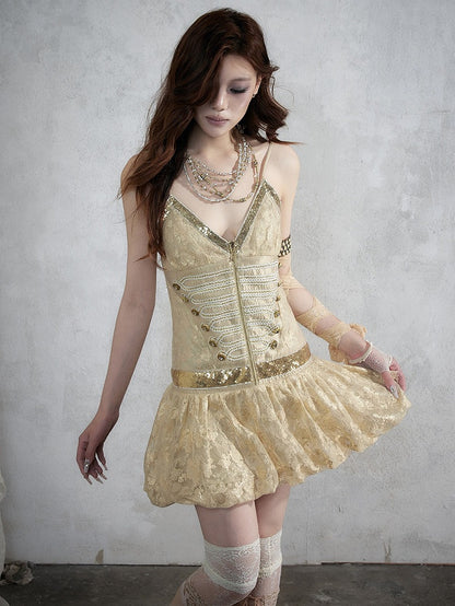 Golden Jacquard Cami Dress with Sequin Accents - NO ROMANCE