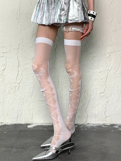 Bowknot Stockings Crisscorss Over-knee White Banded Y2K Details