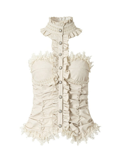 Vintage Punk Apricot Ruched Halter Top with Ruffle & Lace Details - NO ROMANCE