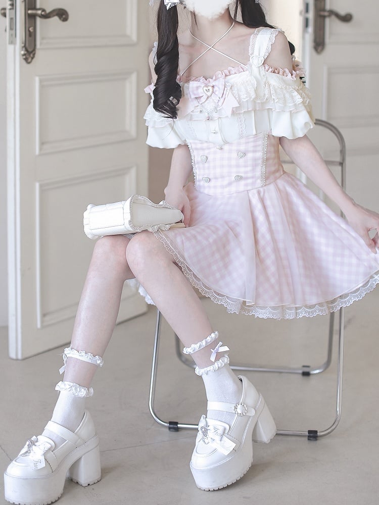 Top with Off-the-shoulder Jirai Kei Apricot Neckline and Pink Lace Trim