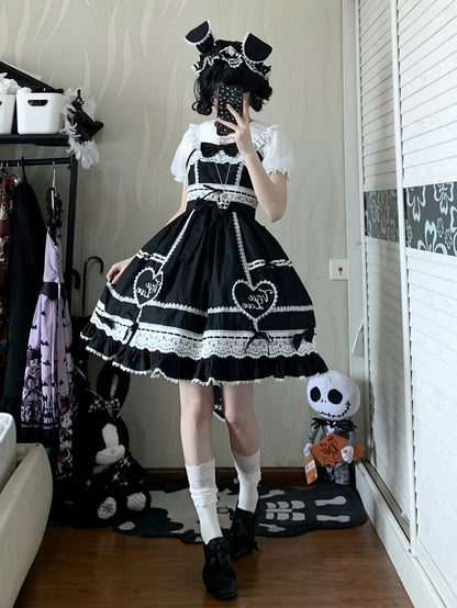 Sweetheart Rock Baumwolle Applikation Weiß und Alt Schwarz Pullover Lolita Kleid Schule