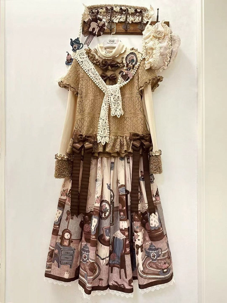 Top Lace-Knit Light Sleeves Lolita Brown Short