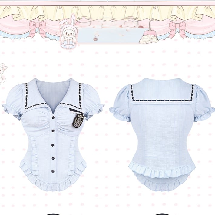 Sleeve Detailing Curved and with Hem Striped Puff Blue Ruffle Blouse