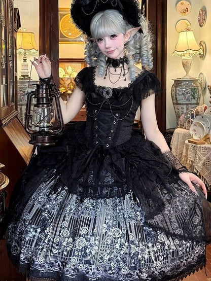 Black Gothic Square Neck JSK Dress with Train - Miss Han