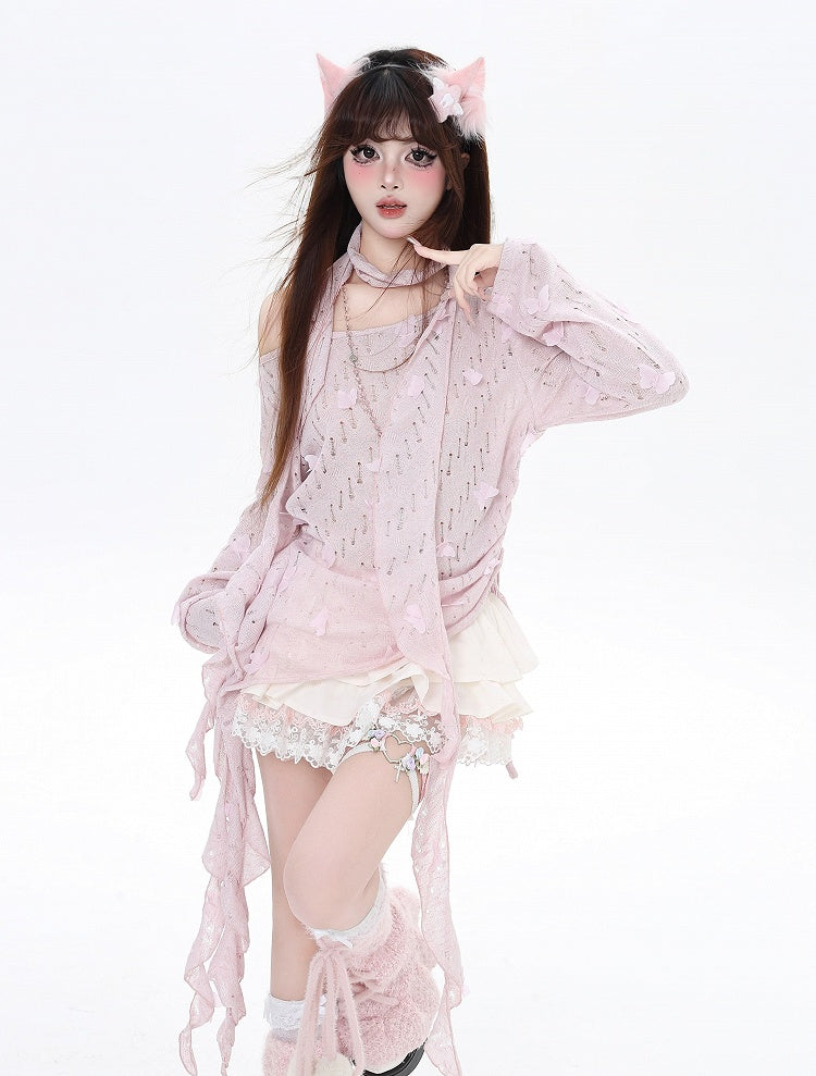 Free Cherry Blossom Pink Asymmetrical Hem Butterfly Coverup Scarf with Accents